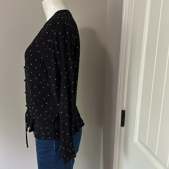 RAILS Top Beaux Black Off Set Dot Button Front Blouse Long Sleeve Ruffle Sz L - Picture 5 of 14